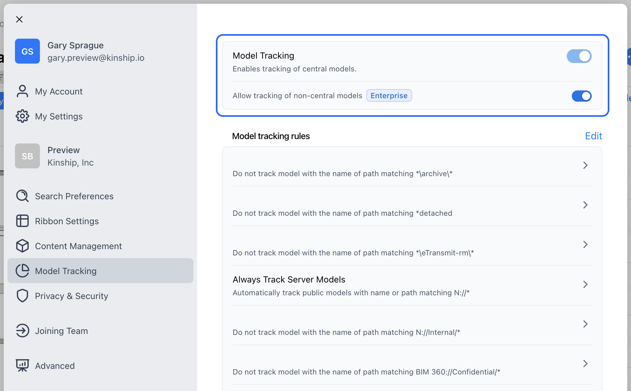 Settings page showing the new option to allow tracking of non-central models.